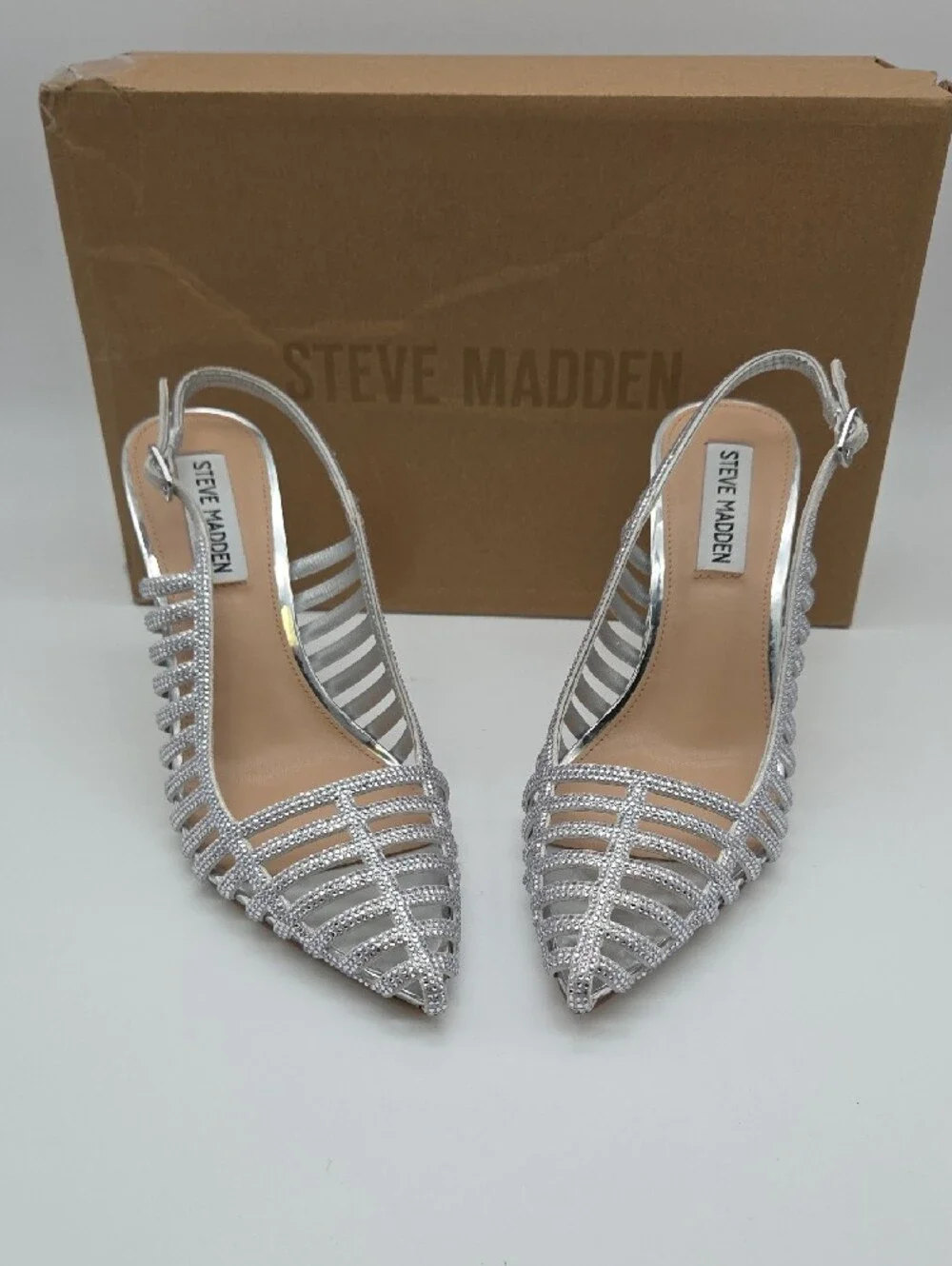 Steve Madden Silver Crystal-Strap Pointed Slingback Heels